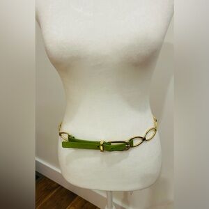 Vintage Green Leather Chain Belt  gold plated  XL